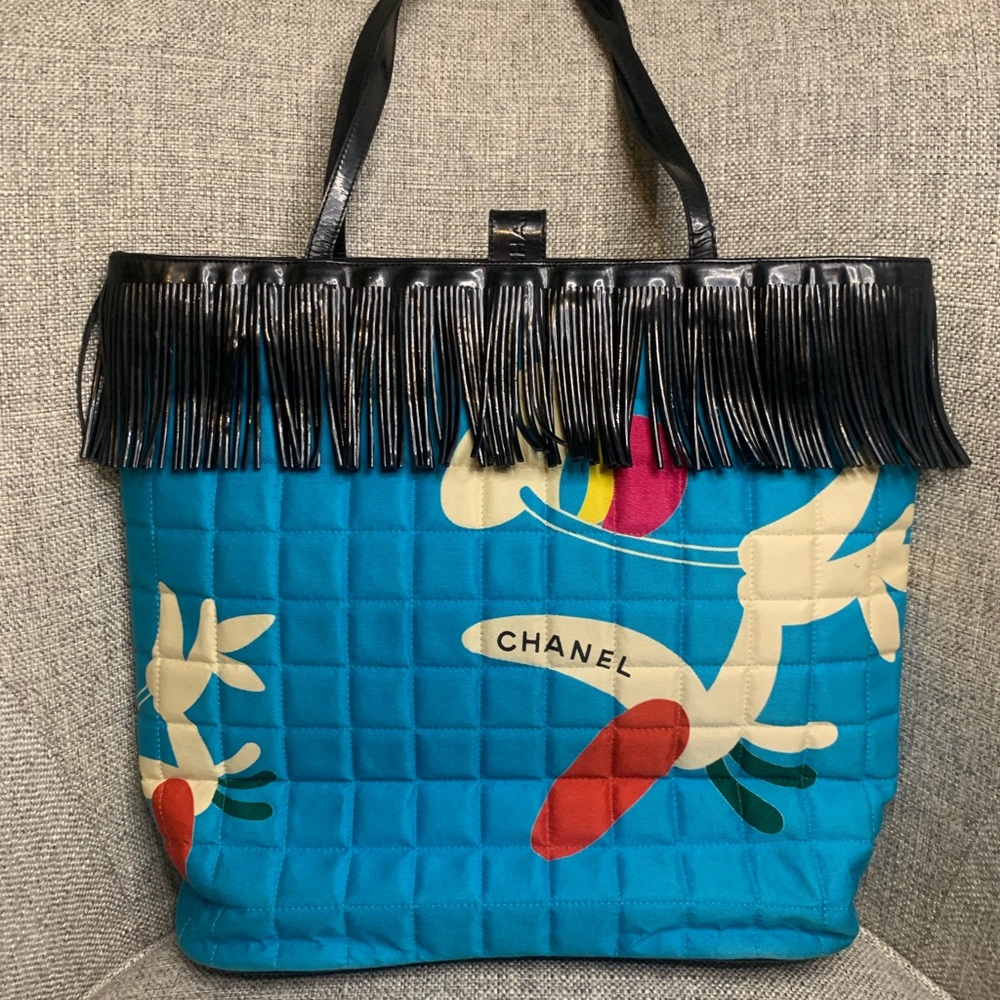 Chanel Hand Bag Light blue Canvas and Enamel Vintage Quilted Fringe Entrupy 1997 - Picture 3 of 17